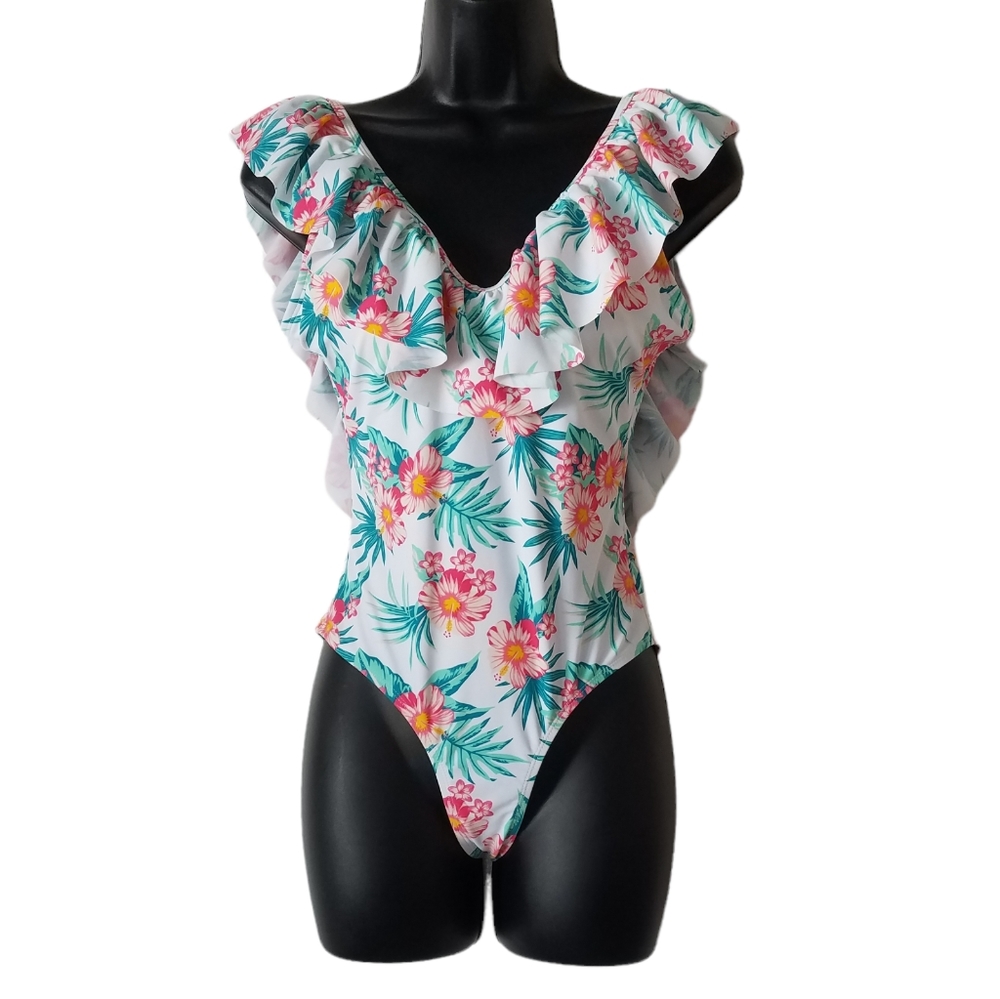 Cabana Del Sol Women's S One Piece Swimmsuit Ruffled Shoulder Tropical Flower